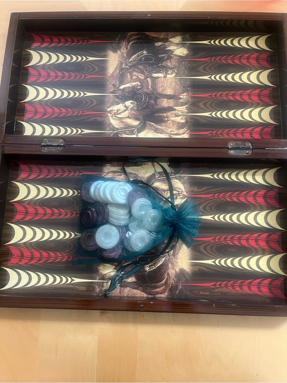 Wooden Backgammon Set with Horse Design - Brown and White NWT